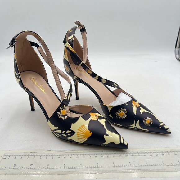Milooey shoes Black and Yellow Floral Print Pointed Toe Strappy High Heels Pumps - Picture 4 of 8